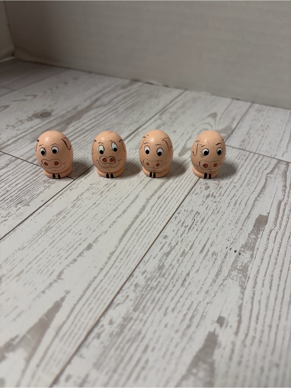 Set of 4 Miniature Wooden Hand Painted Pig Figurines